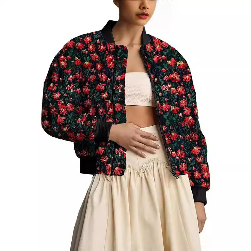 Damska krótka kurtka bomberka, bawełniana kurtka puchowa z nadrukiem stokrotek, kieszenie zapinane na zamek, styl westernowy, słodka, świeża, ciepła, wygodna, wielokolorowa.