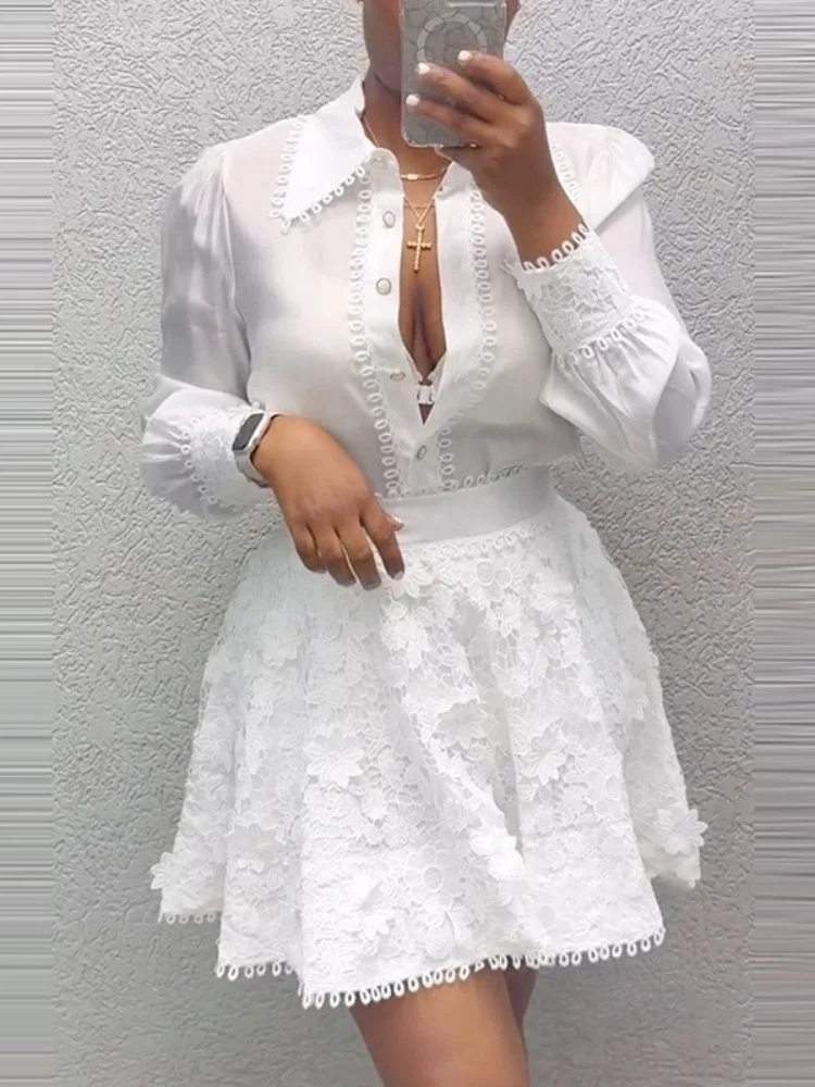 Wmstar Women Summer 2 Piece Outfits Elegant Lace Trim Puff Long Sleeve Blouse Floral Mini Skirt Set Party Casual Matching Suit