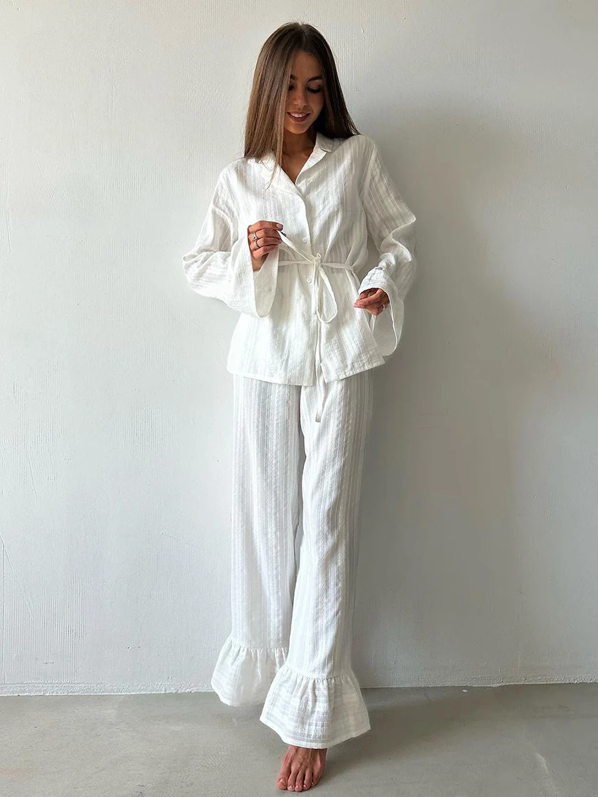 

Marthaqiqiq Casual Women Nightgown 2 Piece Suit Long Sleeve Nightwear Turn-Down Collar Sleepwear Pants Loose Home Clothes Ladies
