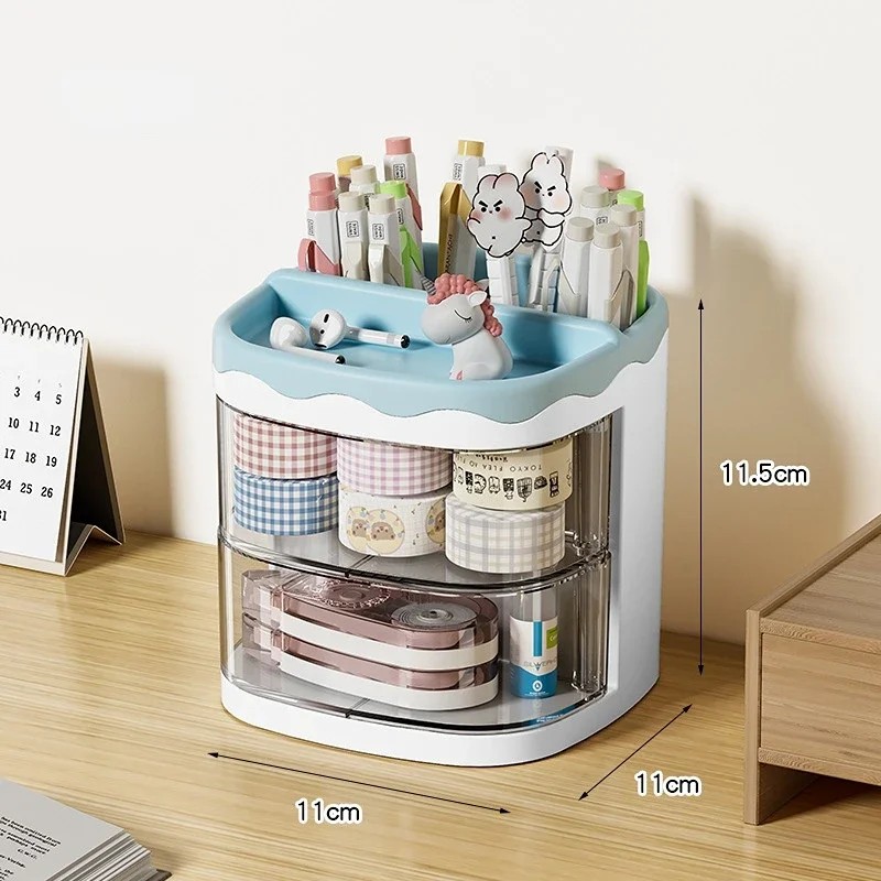 Practical Multi-Functional Desk Organizer Pen Holder Double Layers Rotating Pencils Storage Rack Student Cosmetics Storage Shelf