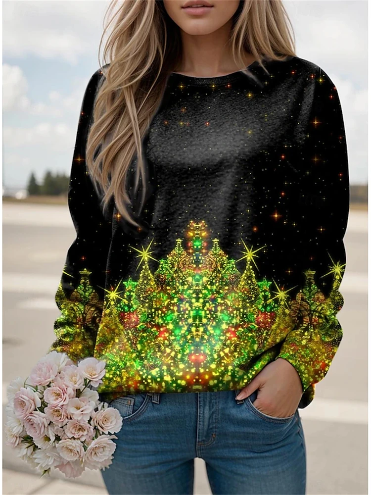 Golden Snowflake Printed Women\'s Sweatshirt Autumn And Winter Fashion Ladies Long Sleeve Round Neck Hoodless Pullover Sweatshirt