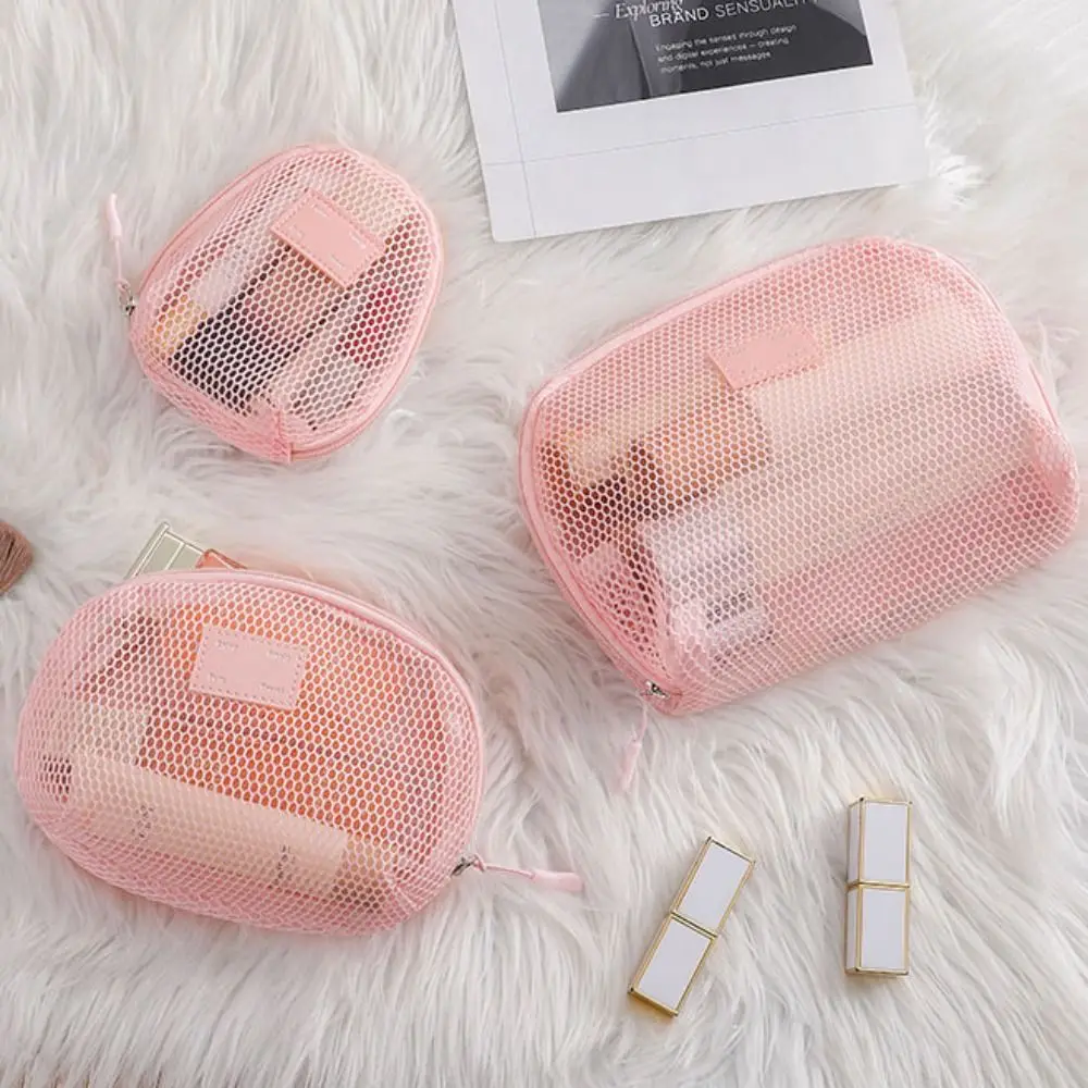 Casual Nylon Cosmetic Bag Hand-held With Zipper Mesh Makeup Bags Multipurpose Mesh Toiletry Wash Bags Women