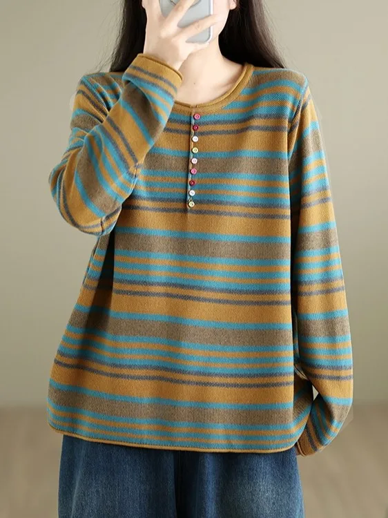 Simple Knitted Striped Long Sleeve T-Shirt Loose Fit Breathable Large Size Women's Commute Top round Neck Casual Outerwear
