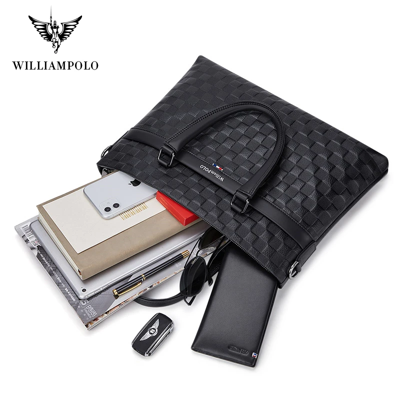 WILLIAMPOLO Men‘S Briefcase Leather Shoulder Bag Fashion Business Totes Crossbody Bags Handbags Men 13" Laptop Bag Strap