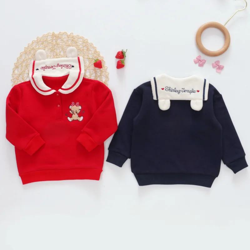 Winter  Girl\'s Hoodies Cartoon Navy Collar Sweatshirts Plush Long Sleeved Sweater Baby Girl Clothes Kids Clothes Girls Sudaderas