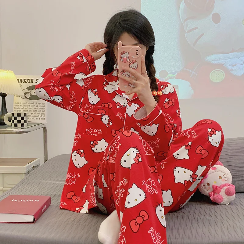 Sanrio cartoon animation Hello Kitty pajamas women, the new comfortable loose sweet red KT can wear home clothes suit