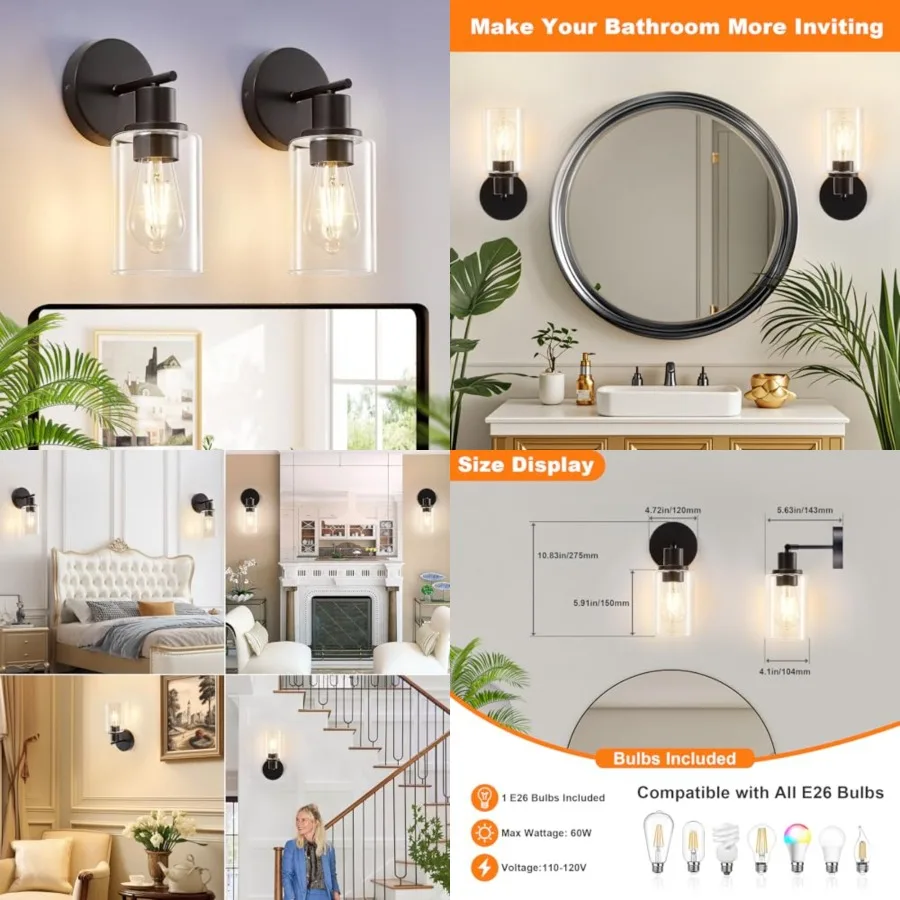 

DLLT Wall Sconces Set of Two: Modern Bathroom Vanity Light Fixtures - Vanity Lights with Clear Glass Shade - Farmhouse Wall Lam