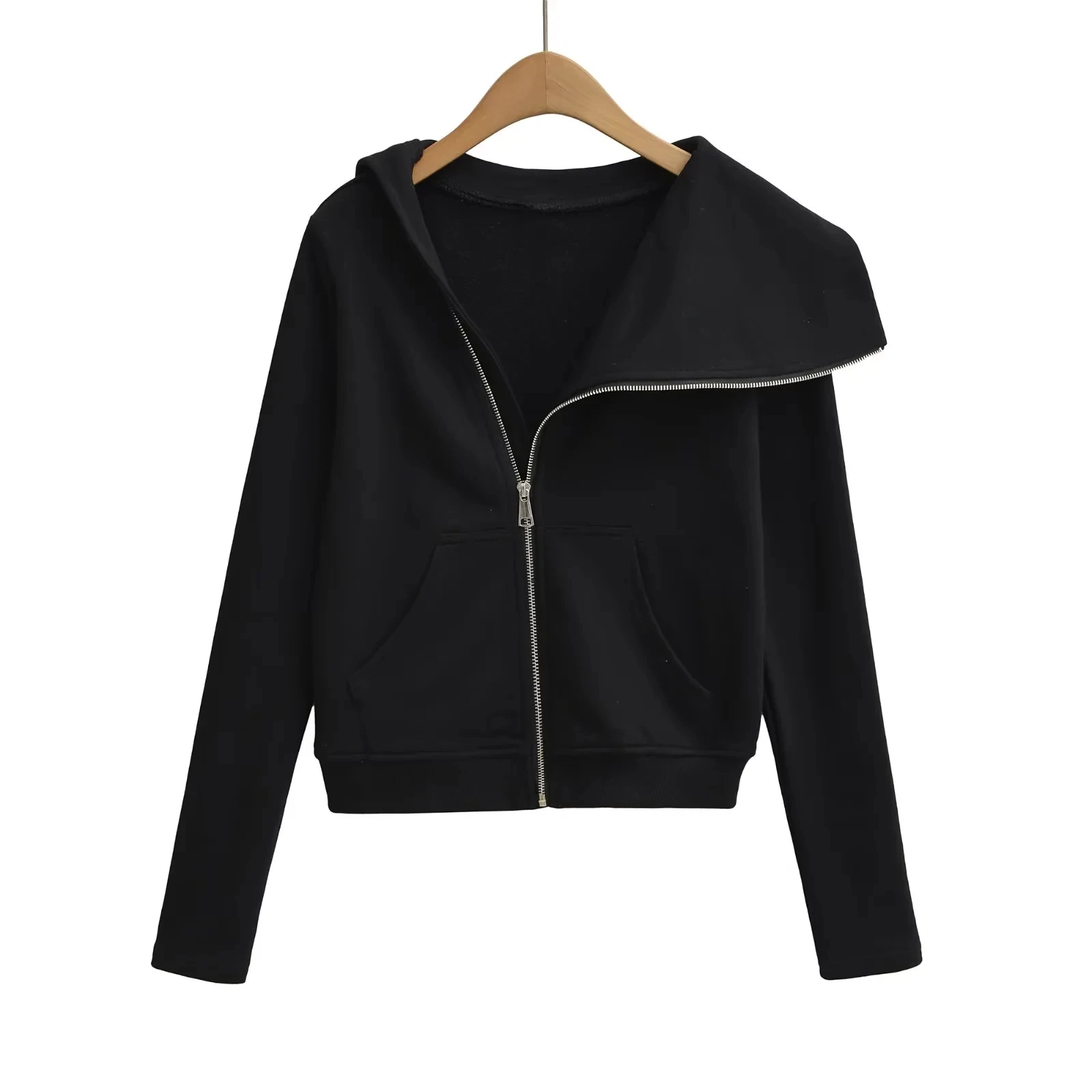 เสื้อฮู้ดดี้ซิปแบบอสมมาตรสไตล์อเมริกันสำหรับผู้หญิง ทรงหลวม ช่วยให้ดูผอม แขนยาว คอเฉียง เสื้อกันหนาวสำหรับฤดูใบไม้ร่วง