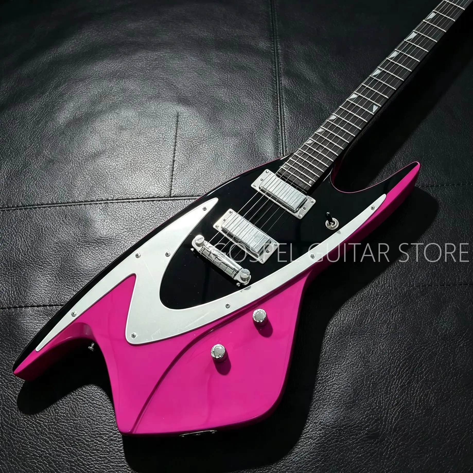 Electric Guitar Bright Rose Pink And Black Contrasting Body With White Edges Silver Metal Guard Plate Double-Coil Pickups Chrome Fixed Bridge Rosewood Fingerboard Diamond-Shaped Inlays Sealed Tuning Pegs Silver Hardware