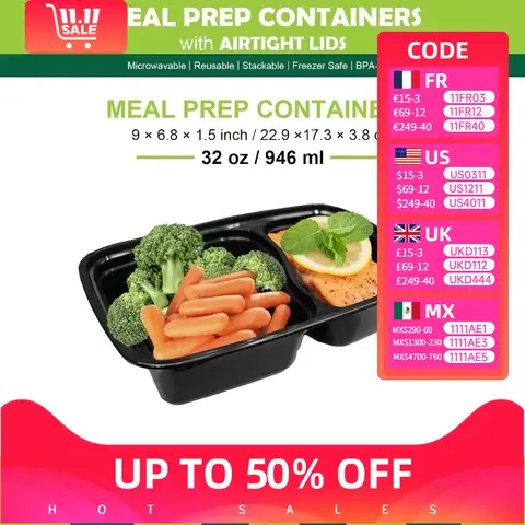 30 Disposable Take-Away Lunch Boxes with 2-pocket lids - Travel Lunch Boxes, Microwave/Dishwasher Multi-Compartment Containers