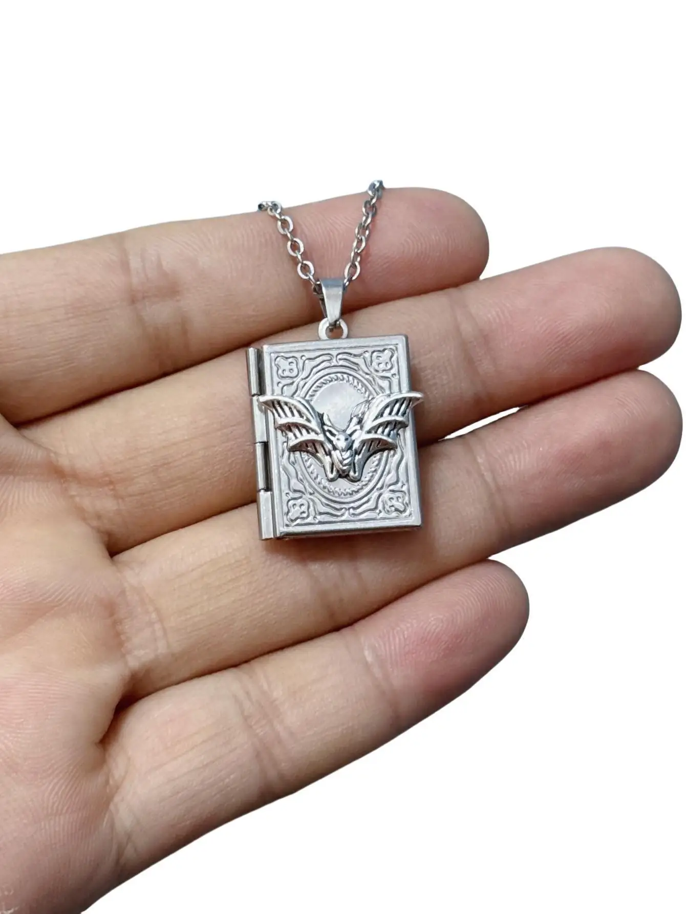 Gothic Book Animal Necklace, Photo Box Charm, Fire Dragon Moth Snake Rose Bat Sun Necklace, Vintage Jewelry Gifts For Her/Him - view 4