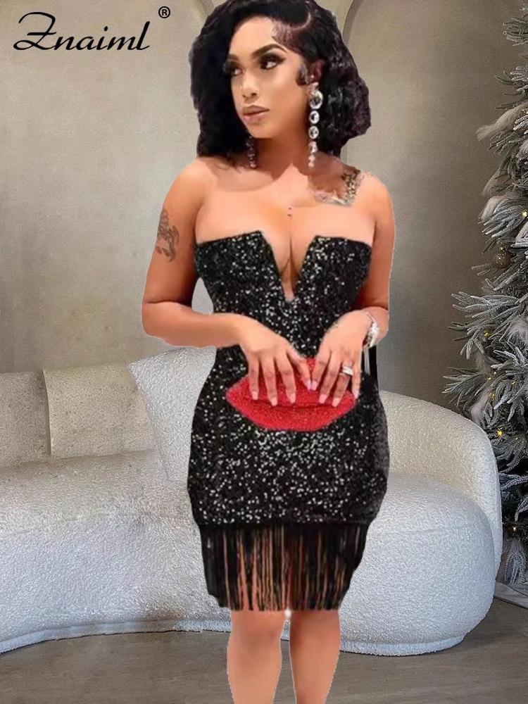 Znaiml cekinowe frędzle czarna krótka sukienka damska elegancka urodziny bez ramiączek Bodycon wieczorowa świąteczna suknia koktajlowa luksusowa
