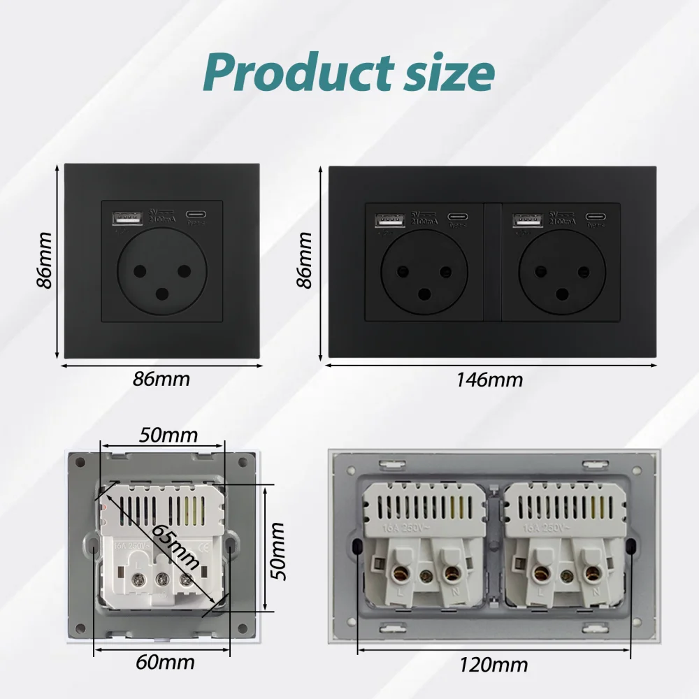 EIOMR Israel Standard USB-A Type-C Wall Socket Light Switch, Black Flame Retardant PC Panel, CAT6 TV Tel HDMI 16A Israel Socket