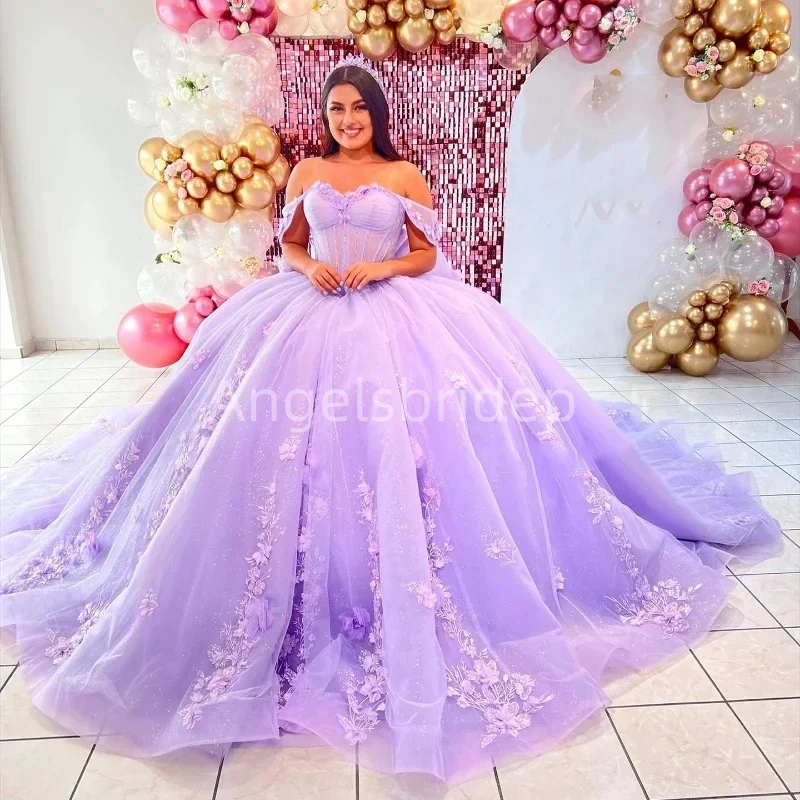 

Angelsbridep Charming Appliques Sequined Lavender Long Train Ball Gown Quinceanera Dresses Evening Party Vestido De 15 Anos