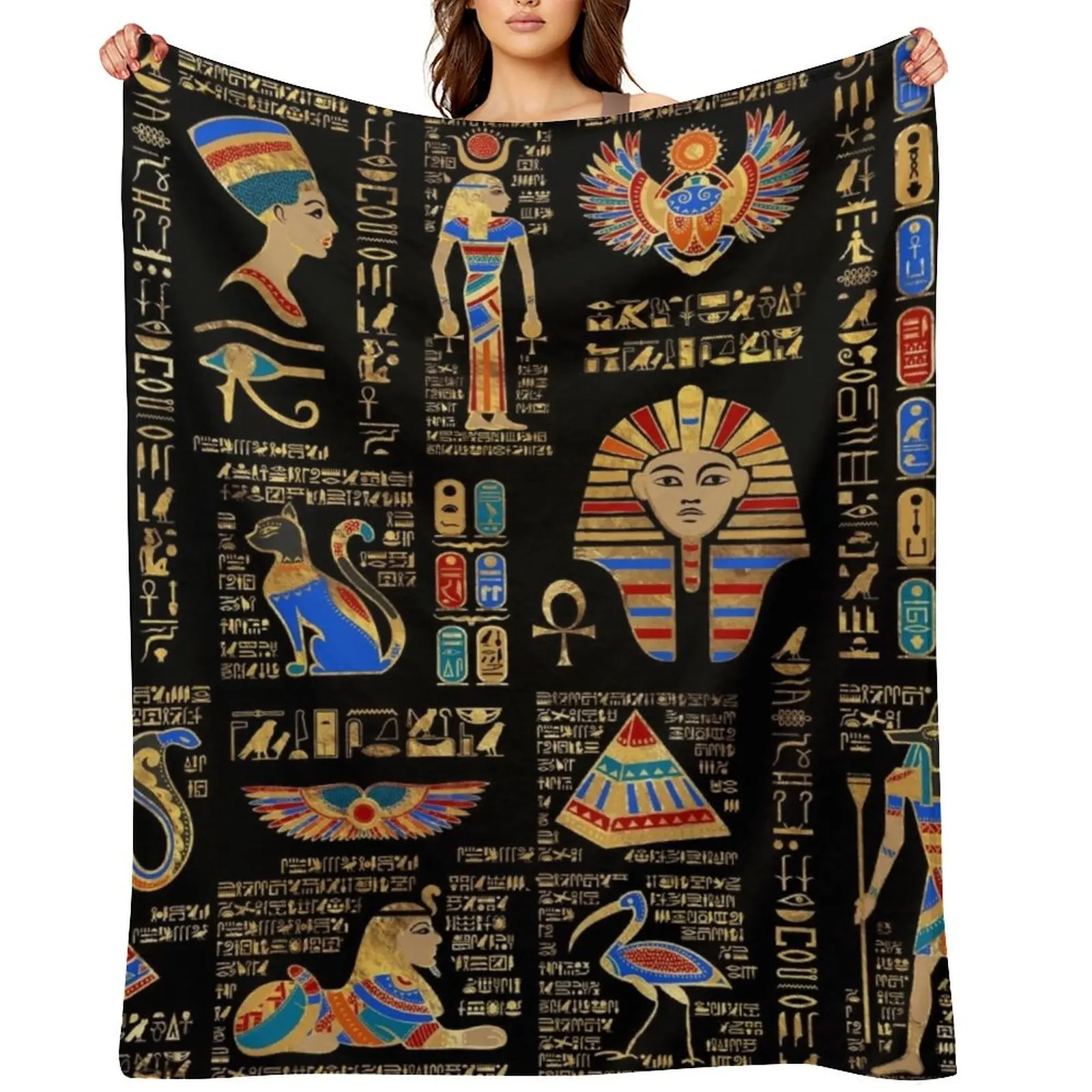 

Egyptian hieroglyphs and deities on black Throw Blanket blankets ands Thermal Decorative Sofa Blankets