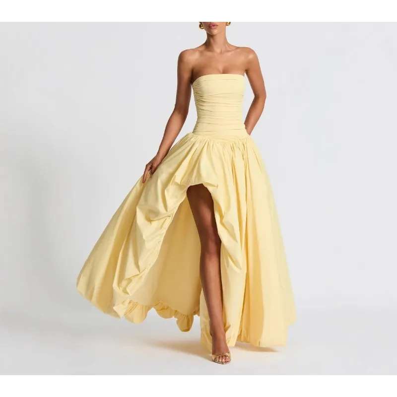 Robe de soirée drapée à la taille, couleur unie, élégante, sans bretelles, fente haute, robe de Banquet, Sexy, sans manches, dos nu, Slim, longue