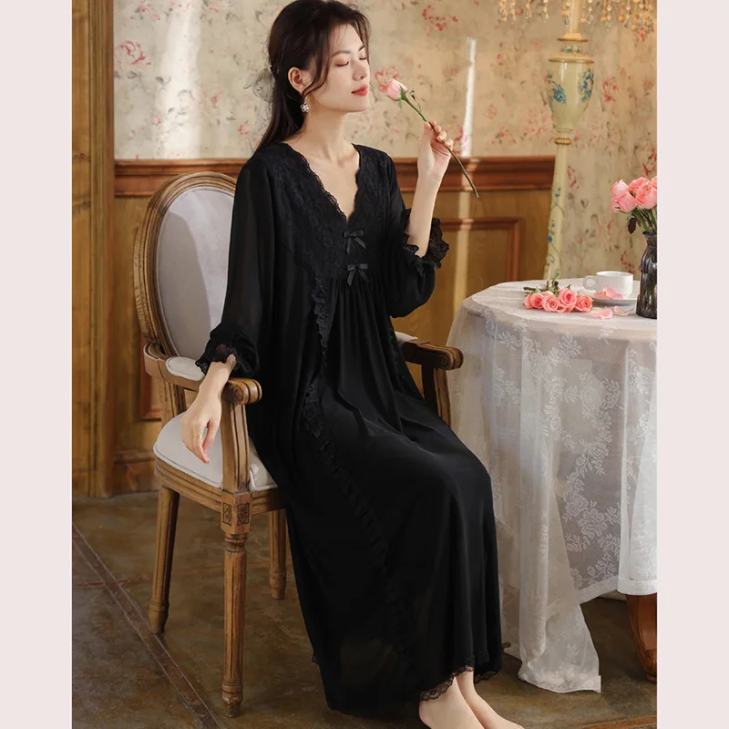 

Women Long Sleeved Mesh Nightgown Women's Spring Court Style Lace Princess Sleepwear Loose Outdoor Home Wear Autumn