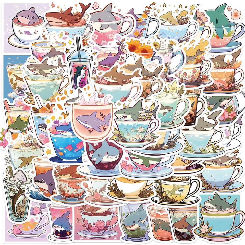 10/30/50pcs Cute Shark Cup Cartoon Stickers Decals Waterproof Graffiti Stationery Phone Case Diary Kawaii Kids DIY Sticker Toys