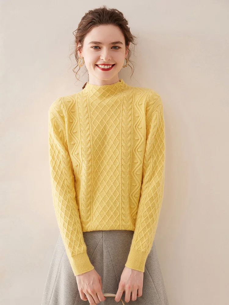 Winter Women's Cashmere Sweater Twist Flower Mock Neck Pullover Thick Warm Vintage Style Cashmere Knitwear High Quality Fashion