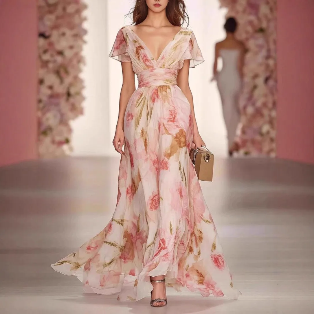 Elegant Party Dress Floral Long V Neck Wedding Guest Dresses High Waist Maxi Dress Sheer Chiffon Wrap Front Evening Dress A Line