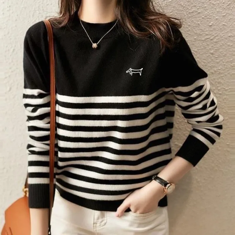 한국 골프의류 2024 Golf New Luxury Round Neck Women Windproof Knit Fashion Stripe Casual Blouse Autumn Golf Wear Women Golf Sweater