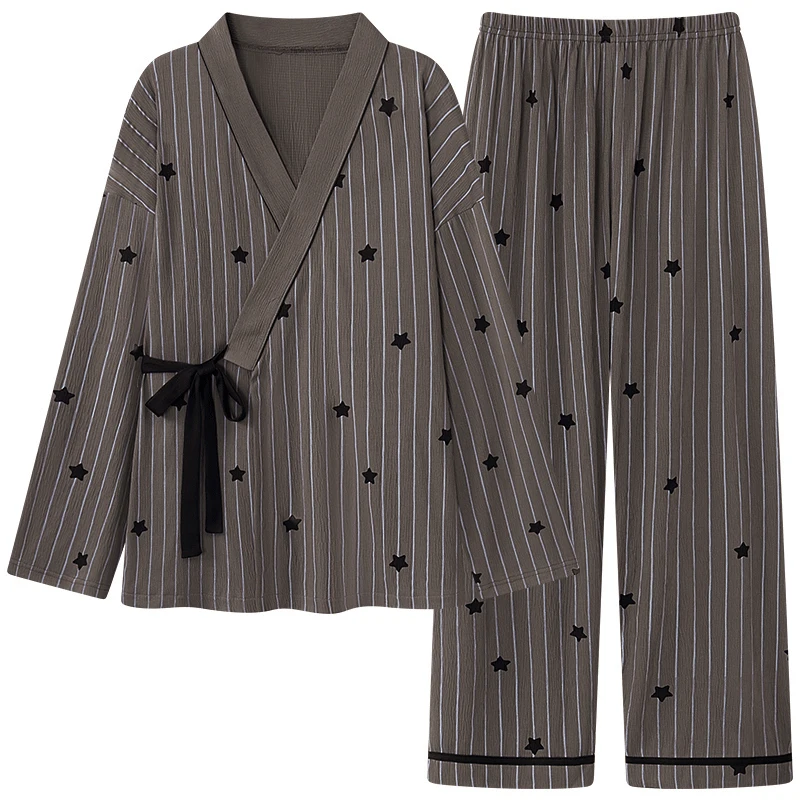 Autumn V-Neck Pyjamas Male Pajama Set Striped Geometry Star Print Japanese Kimonos For Men Big Yards 4XL Cotton Yukata Robes Set