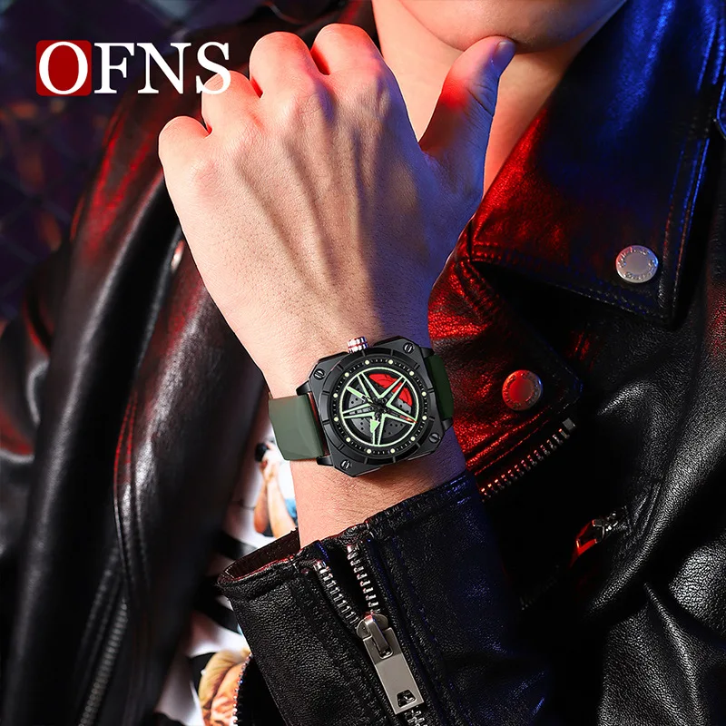 OFNS 8017 New Fashion Men's Square Quartz Watch Trendy Rotating Pentagram Waterproof Luminous Sports Wristwatch