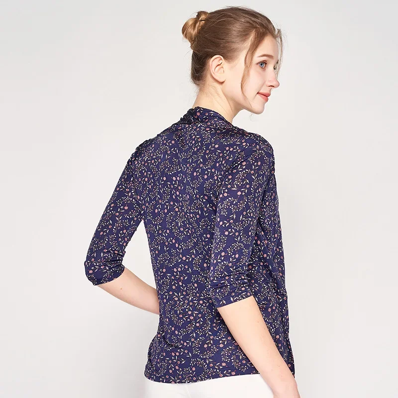 Tcyeek, Natural Silk Knitted T-Shirt, Women 3/4 Sleeve Print Fake Two Pieces, Retro Bottom Top, 2024 Spring Summer T45753QM