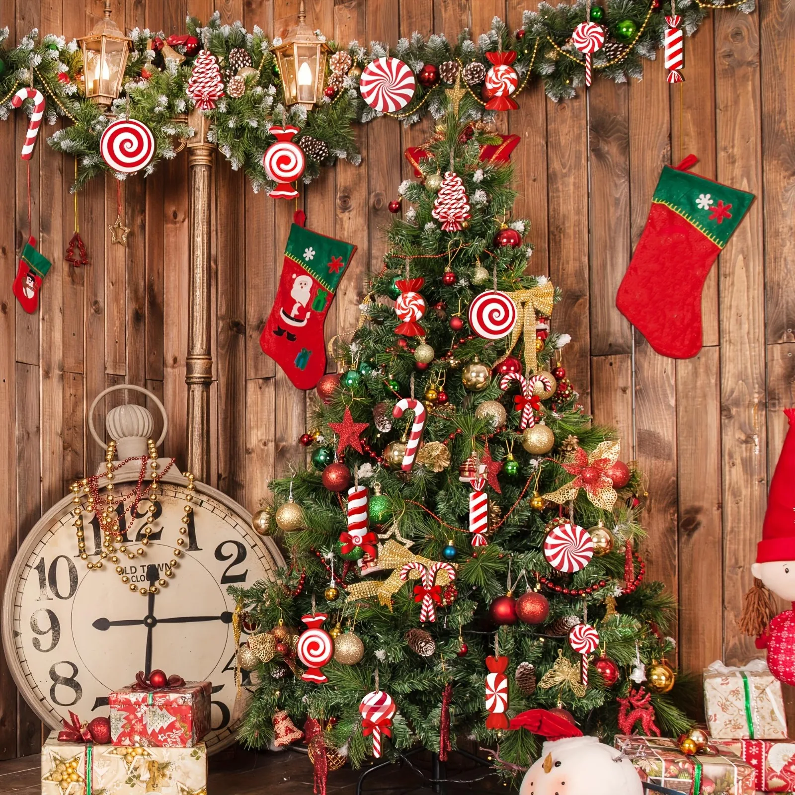 12/24 Stück rot-weiße Weihnachts-Zuckerstangen-Holzornamente zum Aufhängen, Pfefferminzstock-Anhänger für Weihnachtsbaum, Neujahr, Heimdekoration