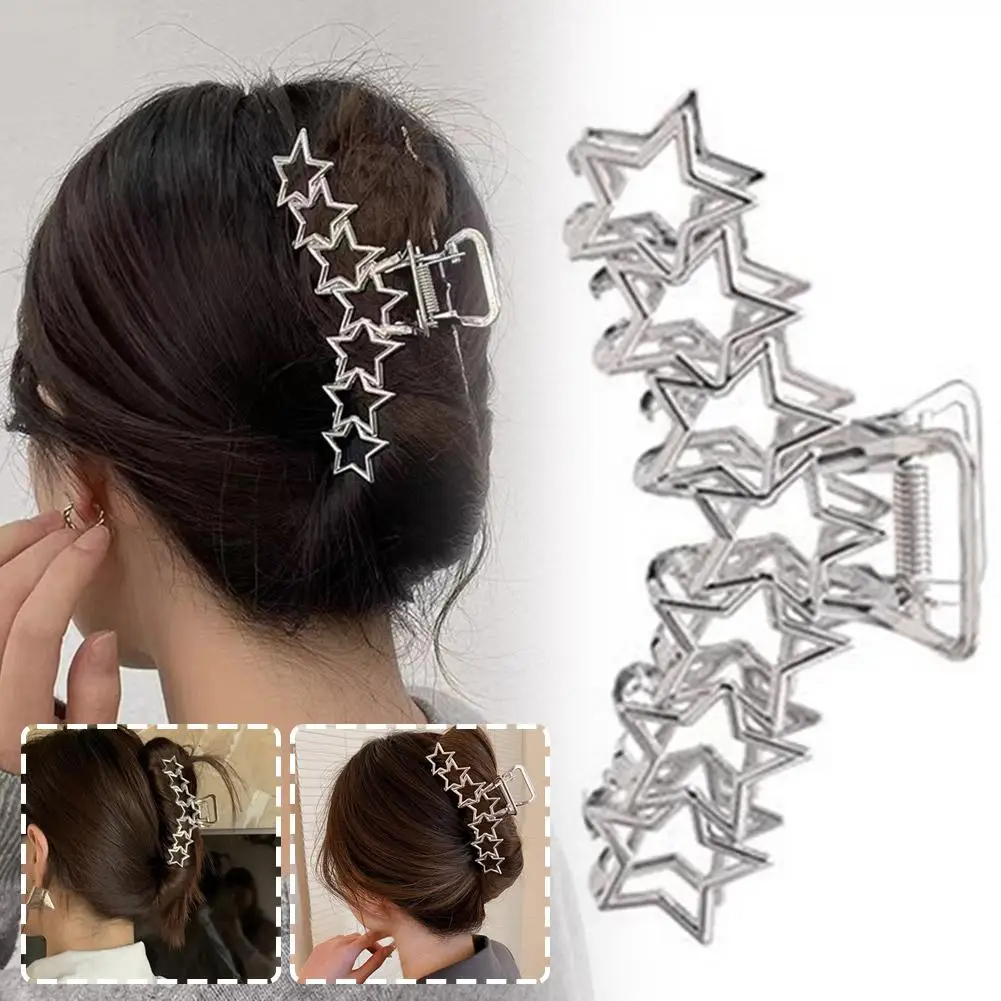 Large Metal Hair Claw Clips Nonslip Silver Hollow Star Pentagram Hair Claws Hair Clamps For Women Thick Curly Long Hair Sty L6I4