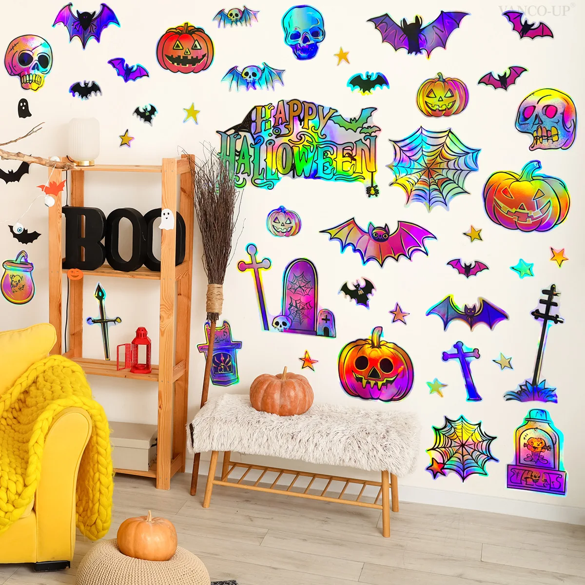 Laser material gradual change colorful Halloween bat pumpkin wall sticker holiday home decoration