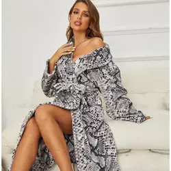 Sexy Snake Skins Robe Women Warm Winter Sleepwear Flannel Kimono Bathrobe Shower Robes Loose Long Home Dressing Fown Nightgown