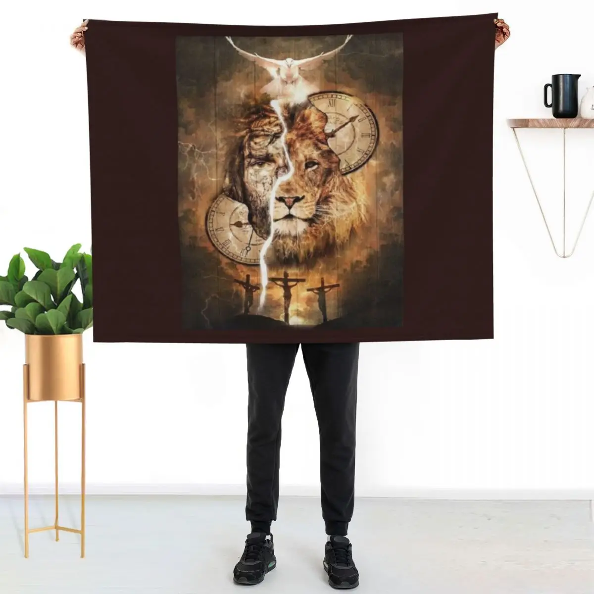 

Jesus and the Lion 3 Crosses White Dove Throw Blanket Soft Solid Color Blanket for Couch Bed