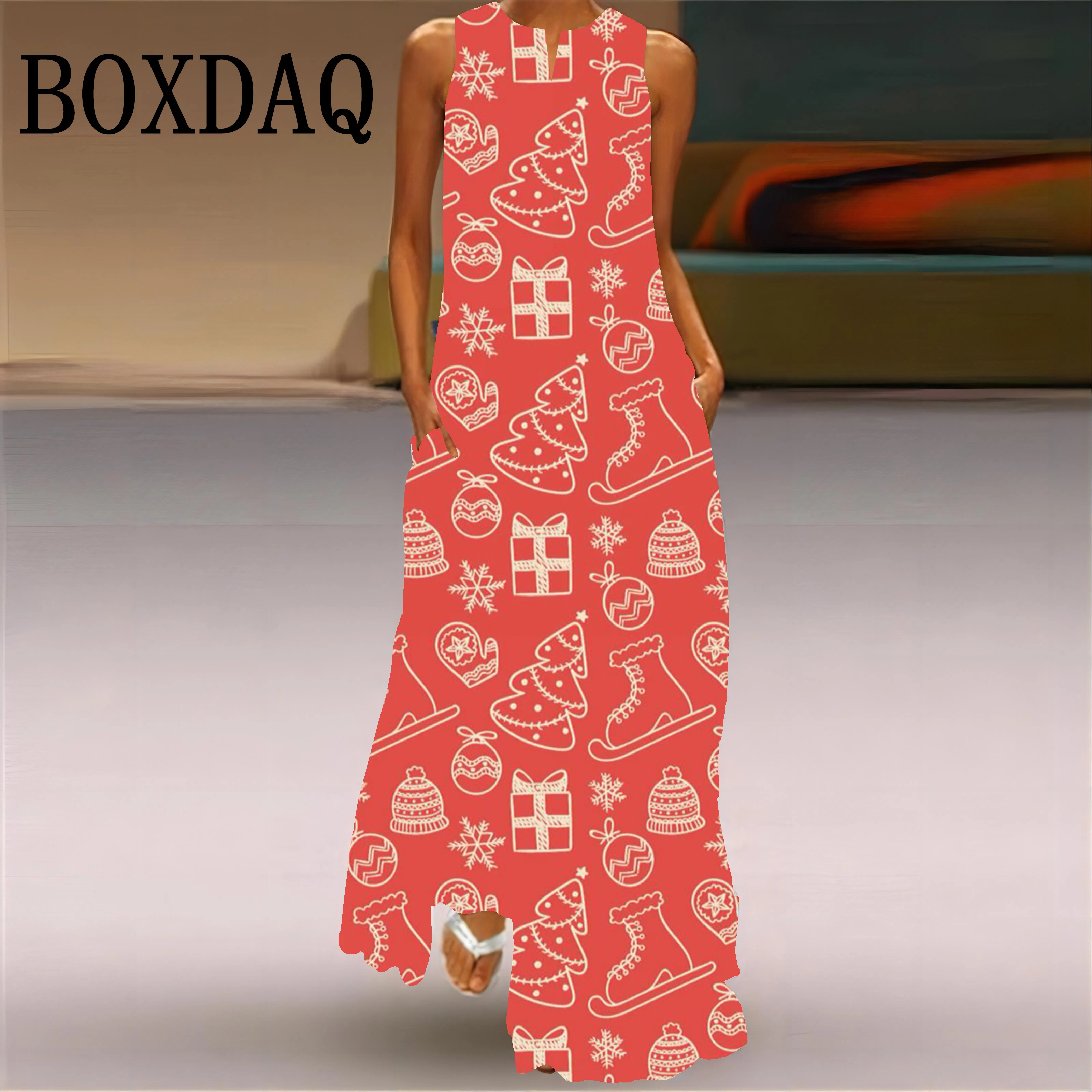 New Year Christmas Elk 3D Print Long Dresses For Women 2025 Winter Fashion Casual Vest X-Mas Snowflake Loose Pockets Maxi Dress