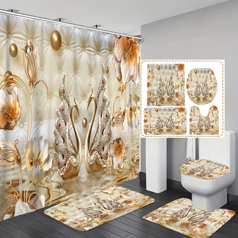 1/3/4pcs Golden Swan Printed , Bathroom Decorative Set Including Waterproof Shower Curtain, Anti-slip Mat, Toi