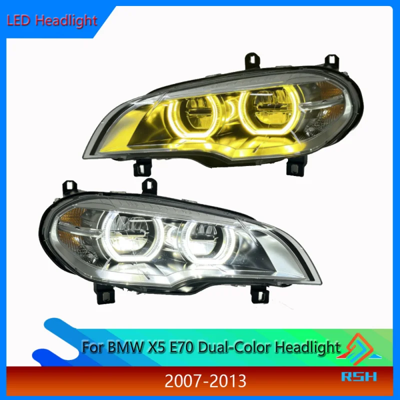 Headlight Assembly For BMW X5 E70 2007-2013 Models Upgraded With Angel Eyes New Dual-Color Design And LED Daytime Running Lights