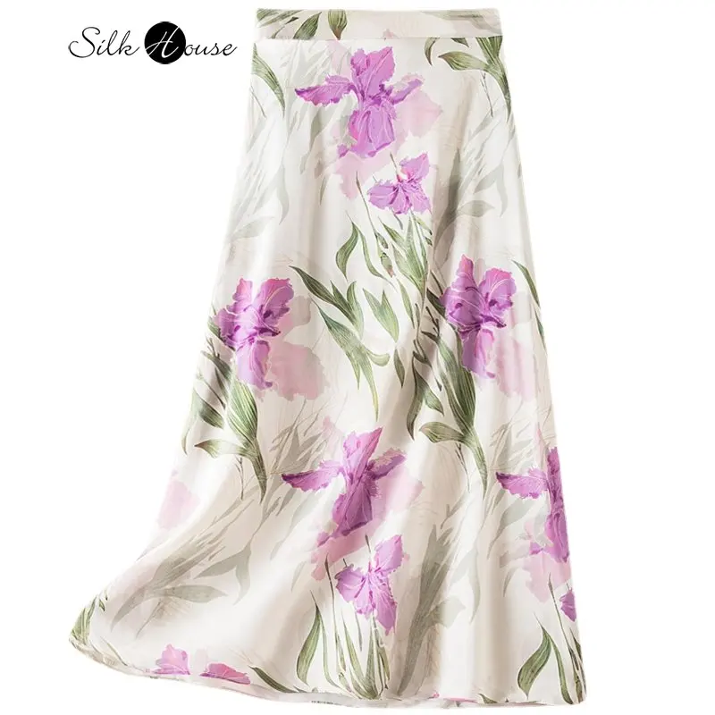 Summer New Silk Halfskirt Women's Elastic Waist Mid Length Versatile Silkworm Silk Slim Printing A-line Skirt