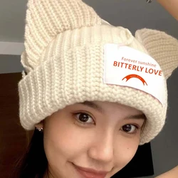 Fashion Cat Ears Knitted Wool Hat Love Boy Hat Niche Design Personality Hat Men Women Cute Warm Autumn and Winter Tide Hats