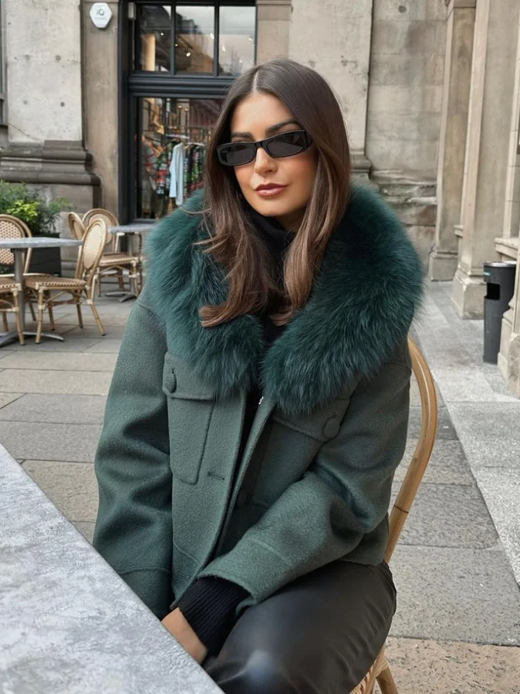 Female Autumn Winter Green Faux Fur Collar Short Jacket Fashion Single Breasted Loose Thickened Outerwear 2024 Lady Street Coats