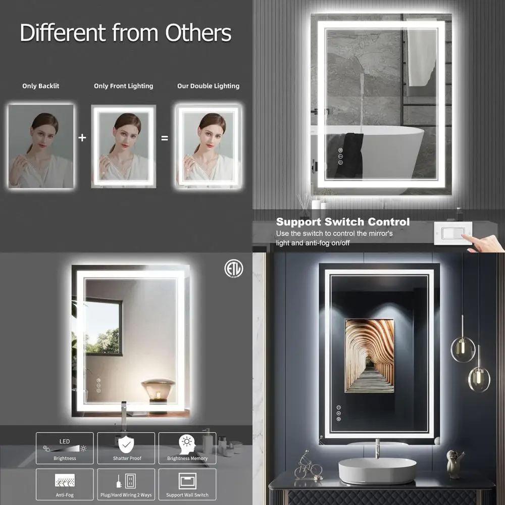 

LED Illuminated Bathroom Mirror, 24x36 Inches, Backlit Vanity Mirror with Anti-Fog and Dimmable Lights