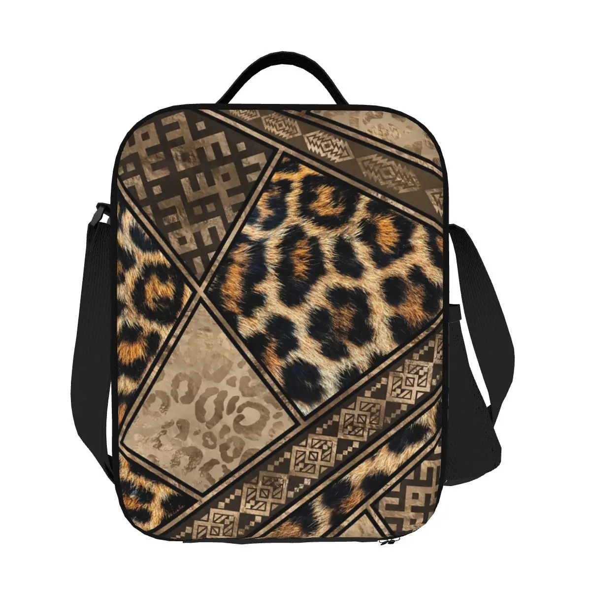 

Custom Ethnic Ornaments Brown Animal Leopard Print Lunch Bag Men Women Cooler Warm Insulated Lunch Boxes for Kids School