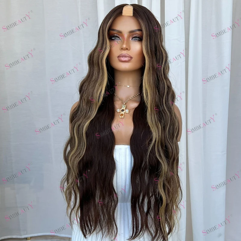 تسليط الضوء على الرماد البني موجة الجسم العميق طويل 26 بوصة الشعر البشري 1x4 حجم الأوسط U جزء الباروكات للنساء السود رخيصة آلة كاملة الباروكات #2