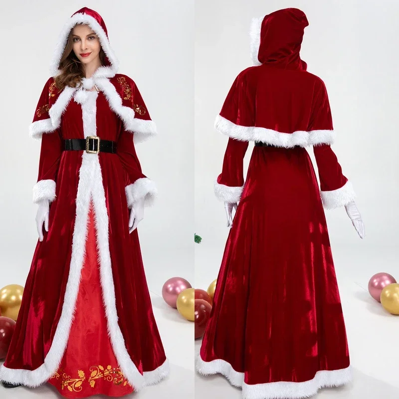 Costume de cosplay du père Noël pour hommes et femmes, déguisement de Noël, tenue rouge, nouvel an, fête de Noël, arrière-plans de scène, luxe