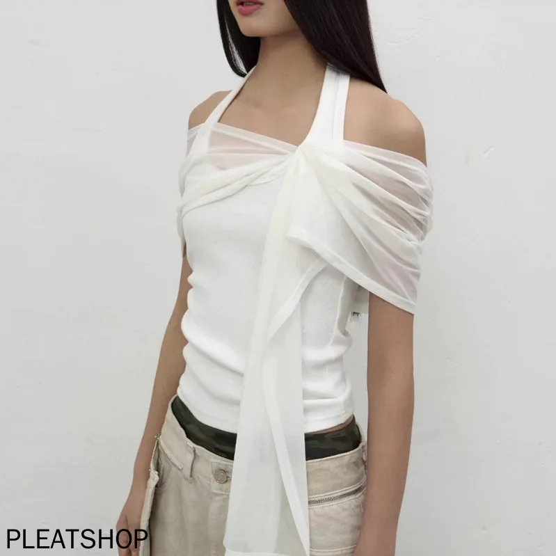 

Niche Design Irregular Pleats Cinched Waist Off-the-shoulder Asymmetrical Shoulder Faux Two-piece Top One-shoulder Women's