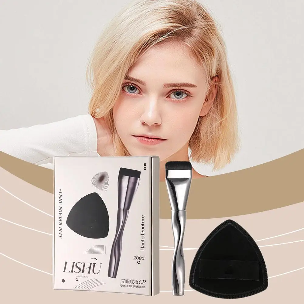 Lishu Foundation-Pinsel mit flachem Kopf und schwarzem Make-up-Puff-Mixer-Schwamm, ultradünner Kopf, spurloses Concealer-Applikator-Werkzeug