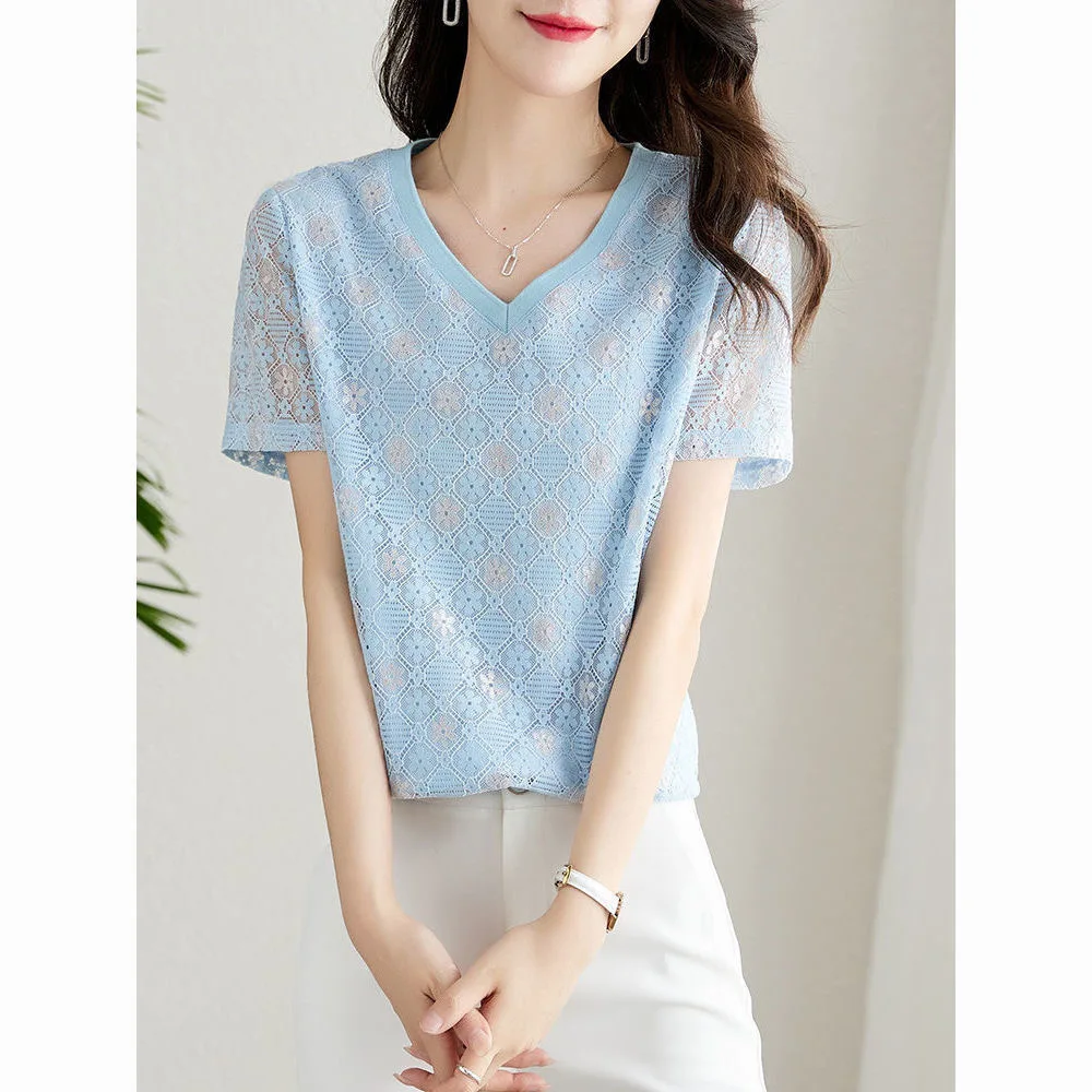 Woman Summer Style Lace Blouses Tops Lady Casual Short Sleeve V-Neck Lace Blusas Tops ZZ1355