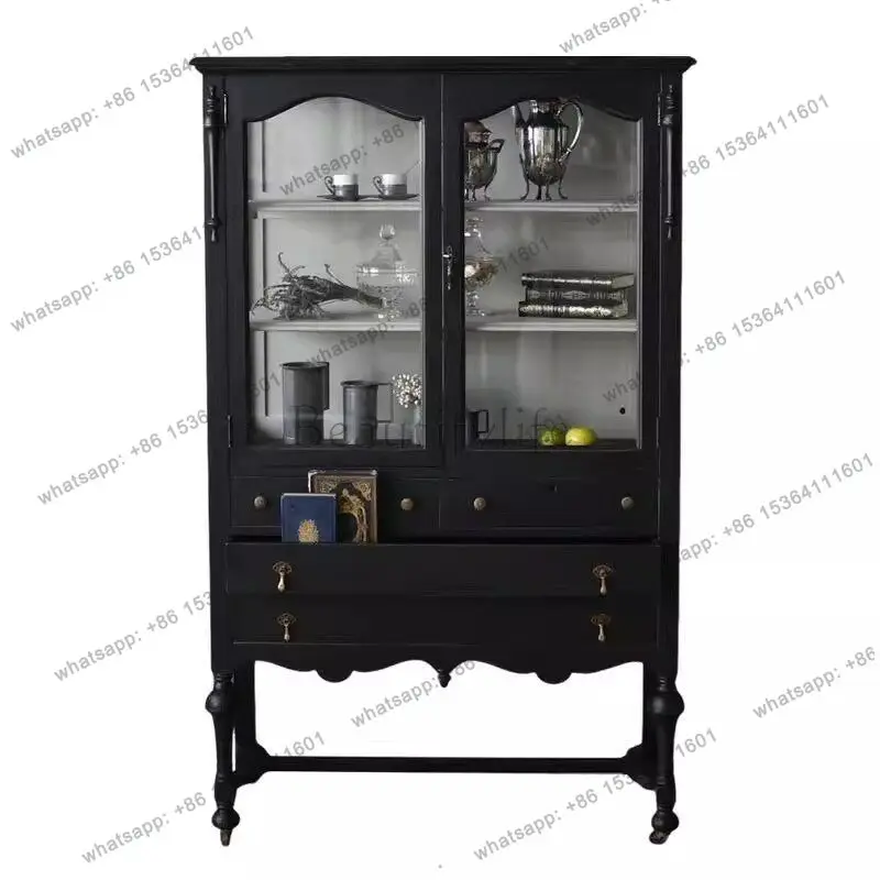 

French retro solid wood wine cabinet carved storage medieval furniture display side cabinet