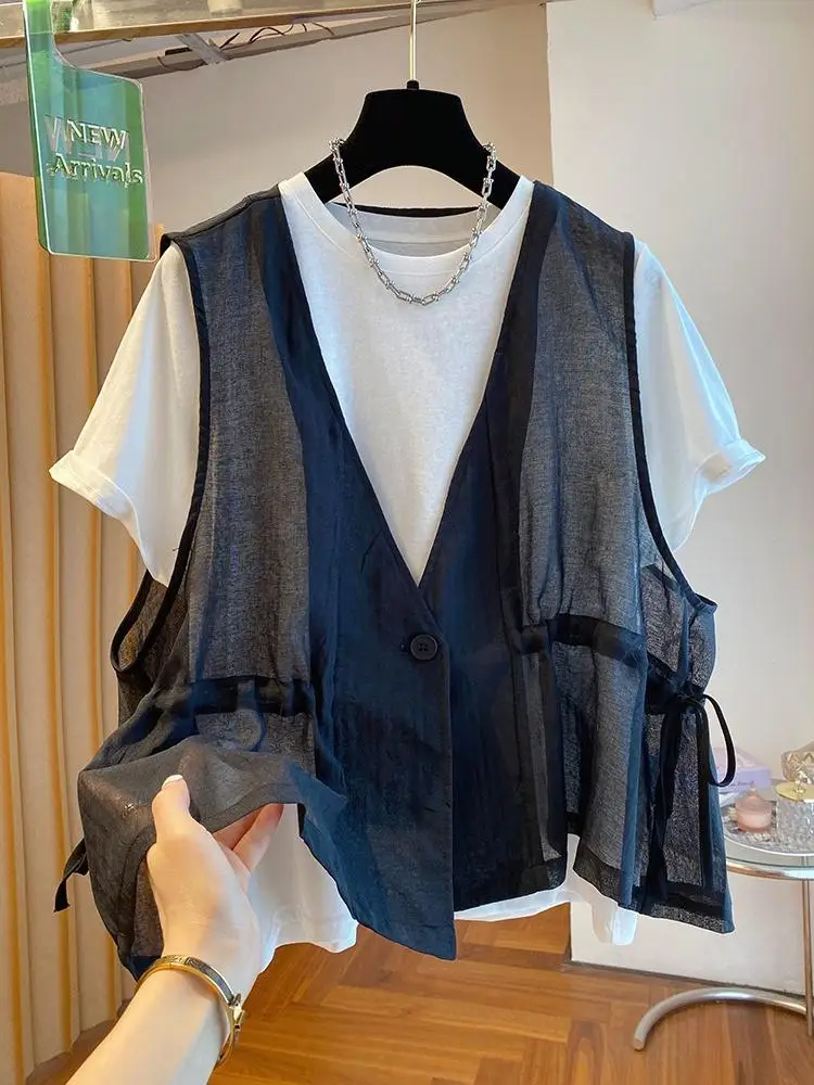 2026 New Women 2Pcs Outfit Elegant Vest + Short Sleeve T-shirt Set Loose Fashion Layered Casual Tops