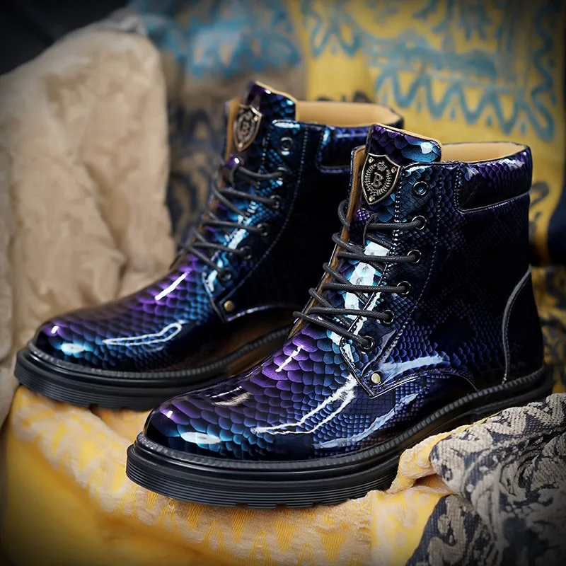 Fashion Retro imitation Snakeskin Men Leather Boots Trendy Hairstylist Exclusiveshoes High-Top Glossy Men Boots Large Size 38-48