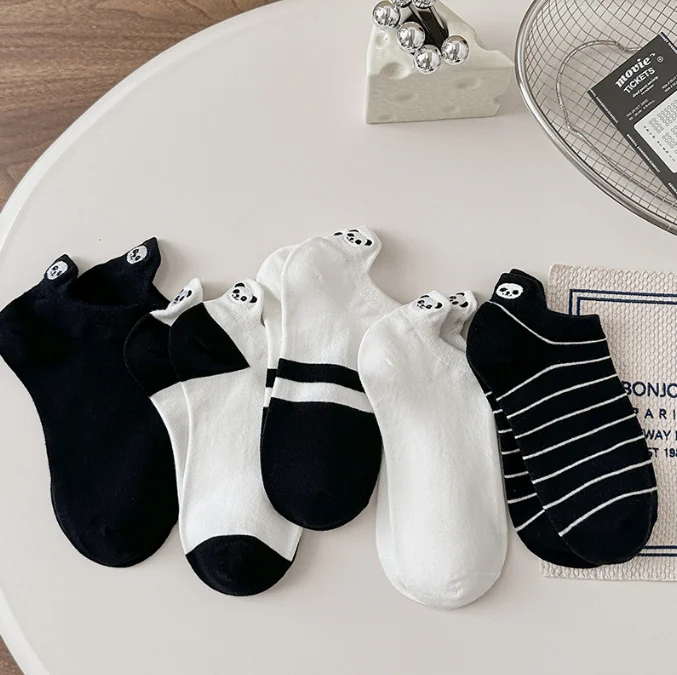 5 Pairs/Pack Women Embroidered Cute Cartoon Panda Boat Socks Black and White Blocked Shallow Mouth Anti Slip Short Cotton Socks